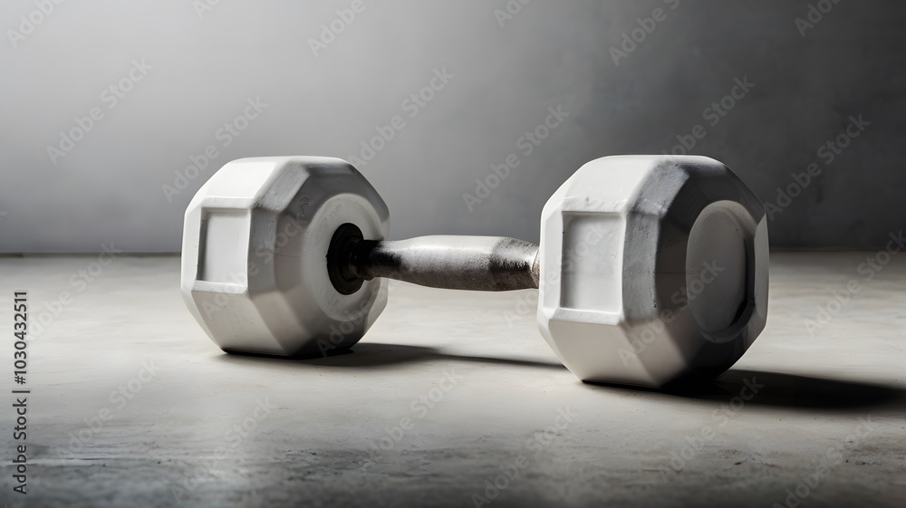 Single white dumbbell on smooth surface with soft lighting in modern workout space Single white dumbbell on smooth surface with soft lighting in modern workout space