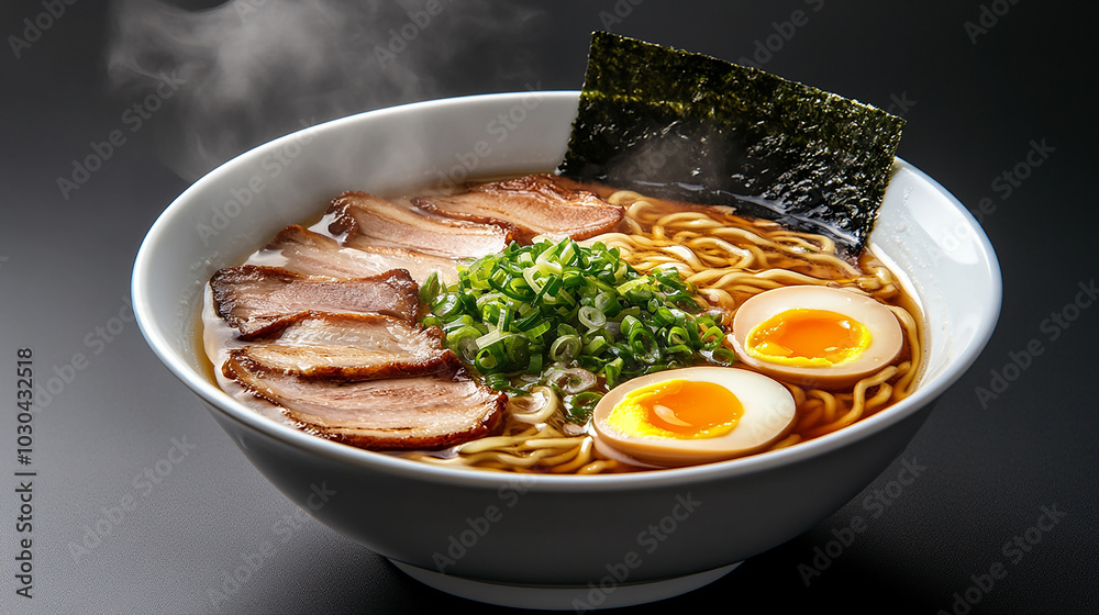A bowl of hot ramen with a rich broth and toppings A bowl of hot ramen with a rich broth and toppings