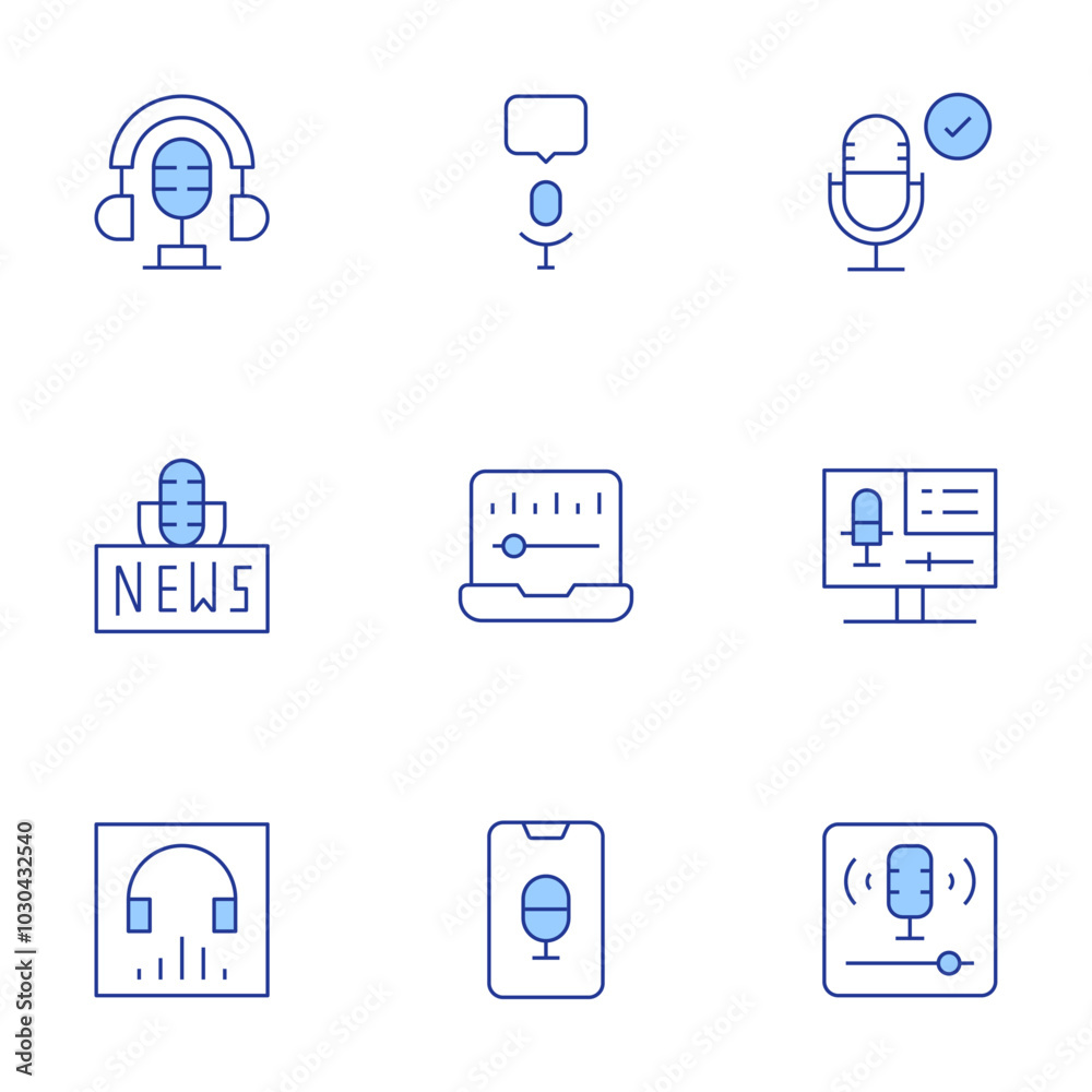 Podcast icons set. Line Duotone style, editable stroke. application, listen now, microphone, podcast, news, laptop, asmr Podcast icons set. Line Duotone style, editable stroke. application, listen now, microphone, podcast, news, laptop, asmr