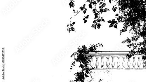 Bougainvillea cascading down a balcony in a coastal setting, vector illustration art