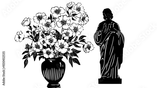 Bouquet in vase next to statue of saint, vector illustration art