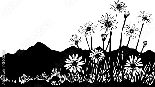 Brittlebush with daisy-like flowers on a desert hillside, vector illustration art