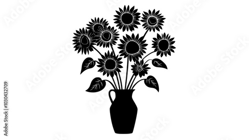 A bouquet of sunflowers displayed in a tall vase, stems trimmed to an even length, vector illustration art