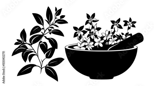 Bowl of medicinal flowers next to a mortar and pestle, vector illustration art