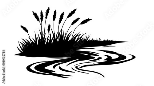 Bulrush growing along the edges of a slow-moving stream, vector illustration art