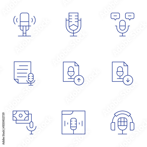 Podcast icons set. Thin Line style, editable stroke. transcription, upload, download, podcast, microphone