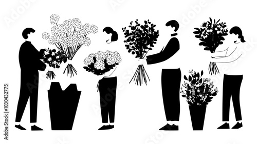 Bundles of freshly cut flowers being prepared for bulk delivery to florists, vector illustration art