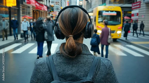 A woman walks through a city street while wearing headphones and a backpack