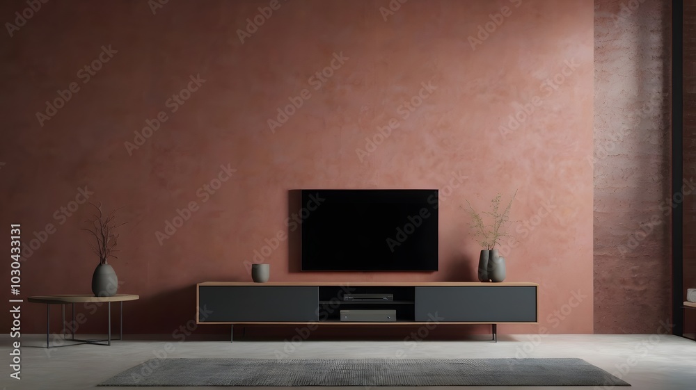 Interior with sleek lcd tv on beige console and pink stone background Interior with sleek lcd tv on beige console and pink stone background
