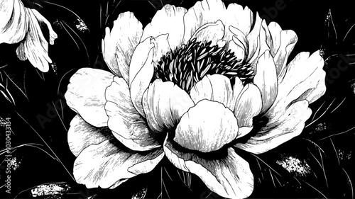 Close-up of peony bud showing tightly packed petals, vector illustration art