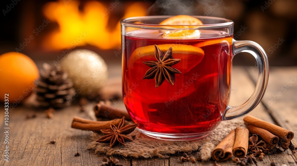 Una taza de vidrio con una bebida caliente de color rojo, adornada con rodajas de naranja y anís estrellado, colocada sobre una mesa de madera frente a una chimenea.
Una taza de vidrio con una bebida caliente de color rojo, adornada con rodajas de naranja y anís estrellado, colocada sobre una mesa de madera frente a una chimenea.