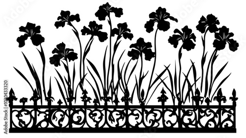 Irises blooming near a decorative fence in a perennial garden, vector illustration art