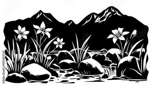 Columbine nestled between boulders in a mountain stream bed, vector illustration art