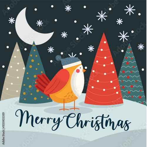 Christmas card with cute bird. Postcards with lettering and Christmas background. Vector illustration.
