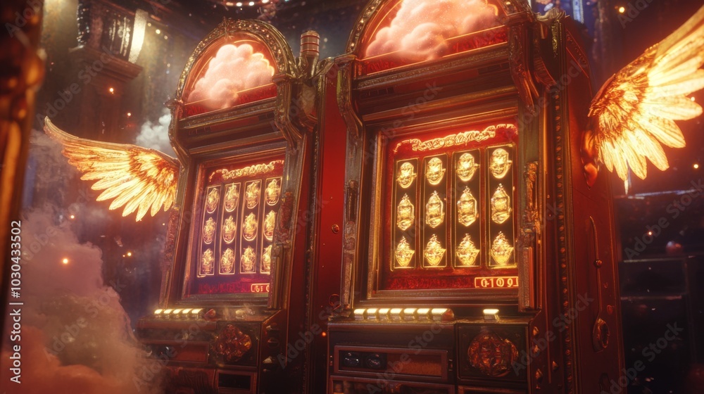 Fototapeta premium Heavenly vs Infernal Split Slot Machine Design Incorporating Animated Motifs