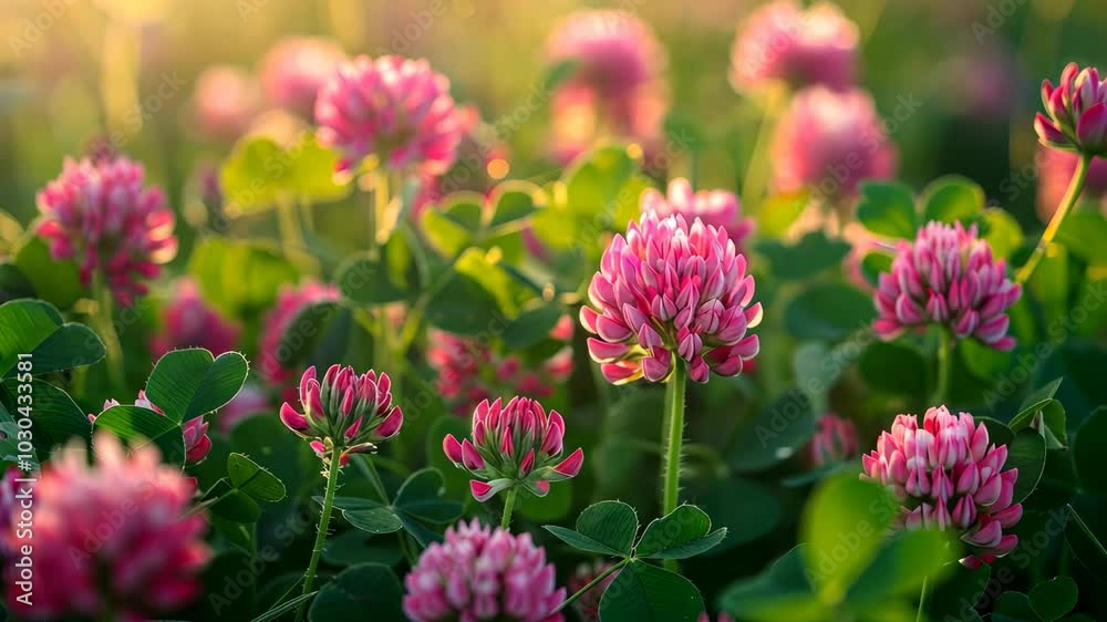 Pink clover flowers bloom in a field on a sunny day Pink clover flowers bloom in a field on a sunny day