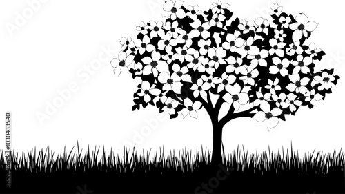 Dogwood tree covered in white bracts with meadow in the background, vector illustration art