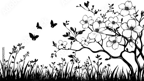 Dogwood tree with layered branches at the forest edge, vector illustration art