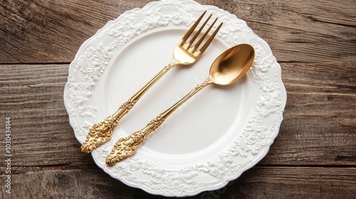 Ornate gold spoon and fork set elegantly on a white plate, placed on a wooden table, perfect for high-end dining visuals photo