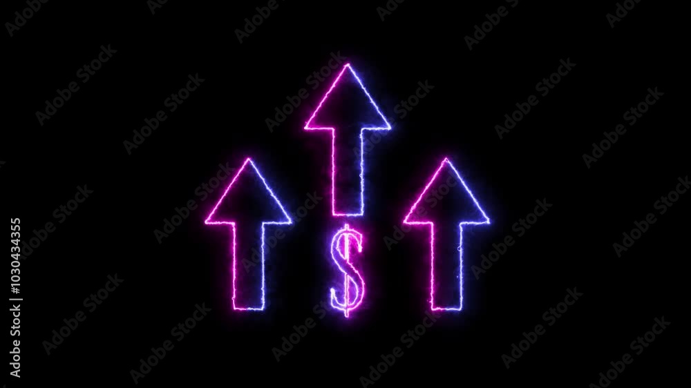 Glowing neon line of dollar sign icon and up arrow Glowing neon line of dollar sign icon and up arrow