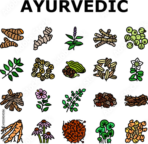 ayurvedic herbs medicine health icons set vector. nature ayurveda, mortar neem, basil, science plant, leaf, organic spices, care, cure ayurvedic herbs medicine health color line illustrations