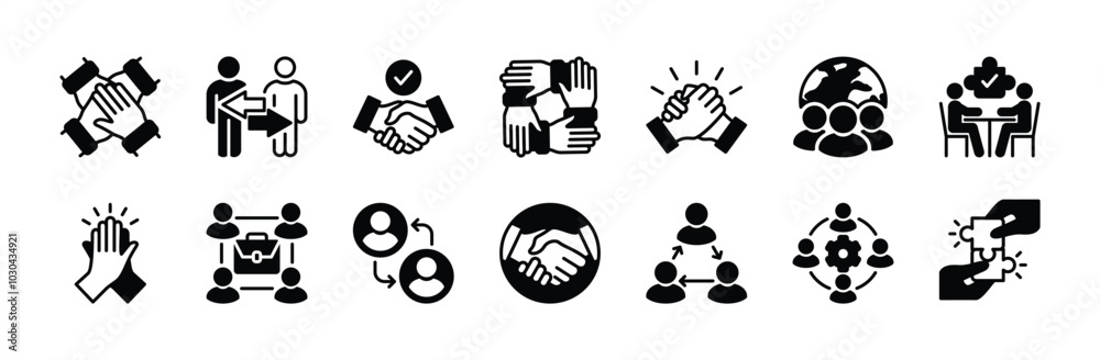 Fototapeta premium Successful business collaboration icon set. Containing teamwork, cooperation, team working together, agreement, handshake, support, help, group people, partnership, organization. Vector illustration