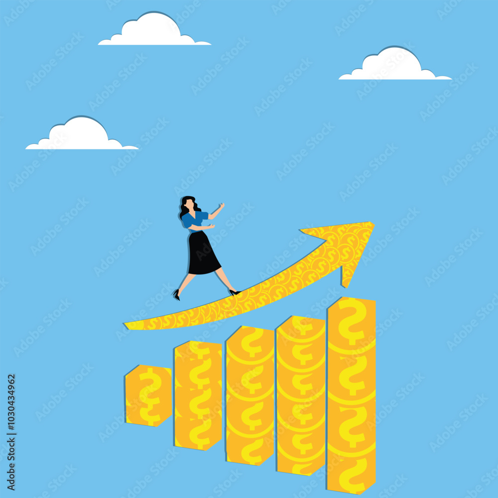 Financial or investment growth concept. Businesswoman running forward on growing stack of gold coins. Flat vector illustration on white backround Financial or investment growth concept. Businesswoman running forward on growing stack of gold coins. Flat vector illustration on white backround
