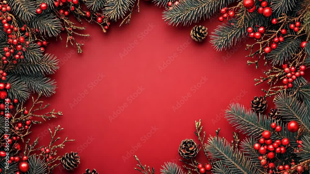 Red berries and pine branches create a festive frame on a red background Red berries and pine branches create a festive frame on a red background