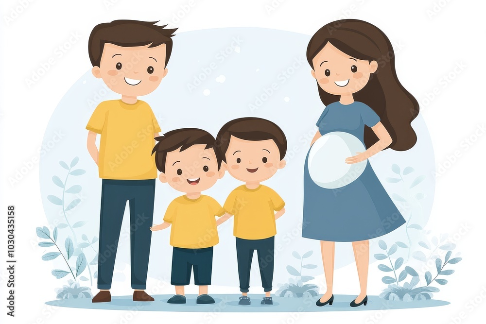 Cute family illustration of parents with two young boys and a pregnant mother symbolizing family growth love and anticipation with soft colors and a minimalistic background Cute family illustration of parents with two young boys and a pregnant mother symbolizing family growth love and anticipation with soft colors and a minimalistic background