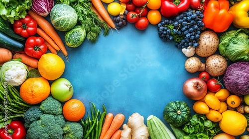 Una variedad de frutas y verduras frescas dispuestas en forma circular alrededor de un fondo azul vacío, resaltando su frescura y colores vibrantes.
 photo