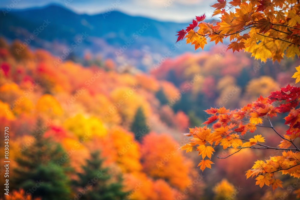 Vibrant fall foliage close-up against blurry mountain forest background Vibrant fall foliage close-up against blurry mountain forest background