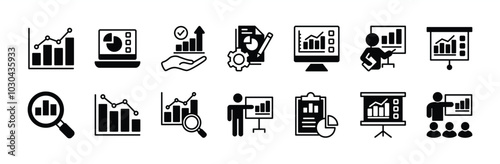 Data analytics flat icon set. Containing database, statistics, monitoring, computing, technology, research, management, chart up and down, report, diagram, graph, information. Vector illustration