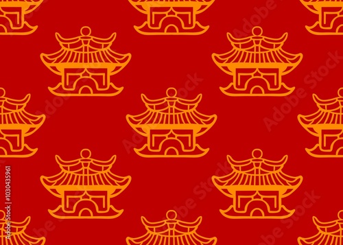 Chinese traditional buildings. Asian traditional buildings pattern on a red background.