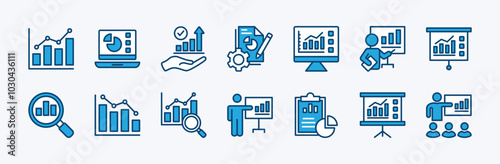 Set of data analytics icon. Containing database, statistics, monitoring, computing, technology, research, management, chart up and down, report, diagram, graph, information. Vector illustration