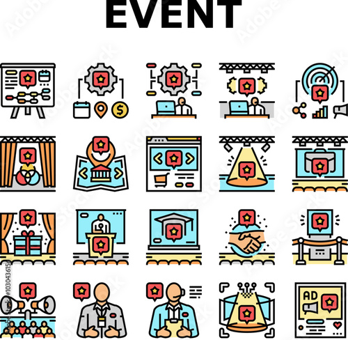 event agency party business icons set vector. birthday wedding organization, corporate conference, presentation management, gala event agency party business color line illustrations
