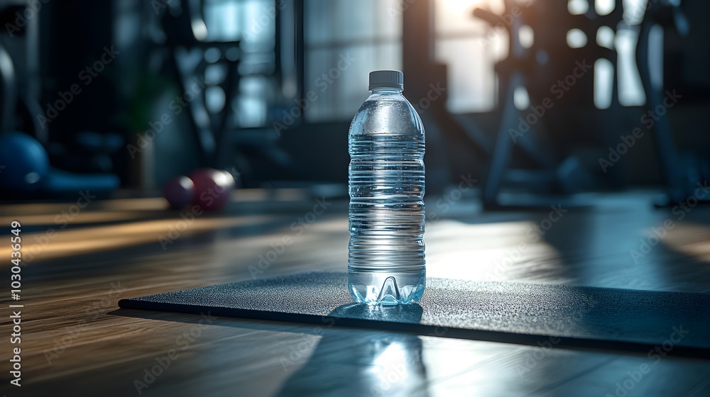Sleek transparent water bottle on a gym mat, minimalist branding, workout gear in the background, bright clean lighting, high-definition photography