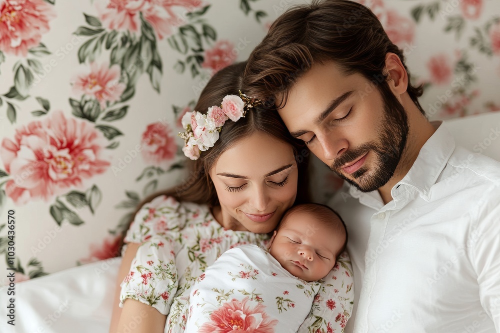 Heartwarming photograph of a father and mother sleeping with their newborn baby snuggled together on a floral bed symbolizing family love comfort and peaceful rest Heartwarming photograph of a father and mother sleeping with their newborn baby snuggled together on a floral bed symbolizing family love comfort and peaceful rest