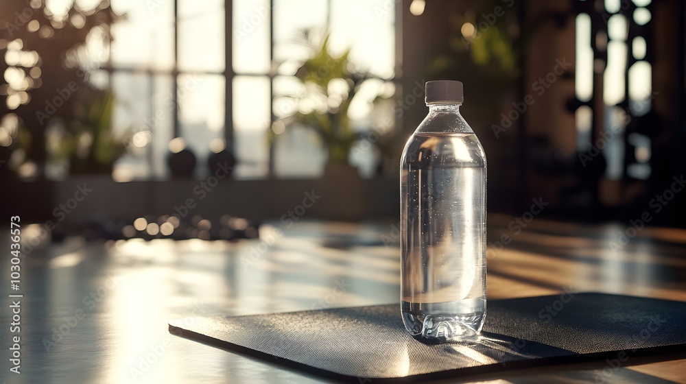 Sleek transparent water bottle on a gym mat, minimalist branding, workout gear in the background, bright clean lighting, high-definition photography Sleek transparent water bottle on a gym mat, minimalist branding, workout gear in the background, bright clean lighting, high-definition photography