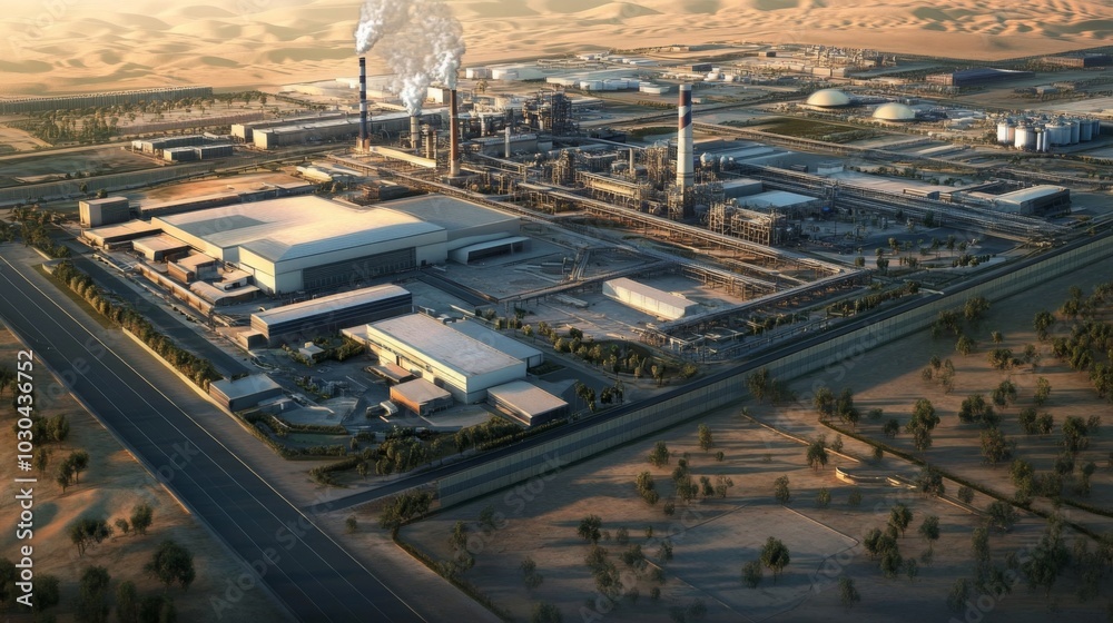 A vast industrial complex sits amid a desert landscape, with smokestacks emitting steam into the air A vast industrial complex sits amid a desert landscape, with smokestacks emitting steam into the air