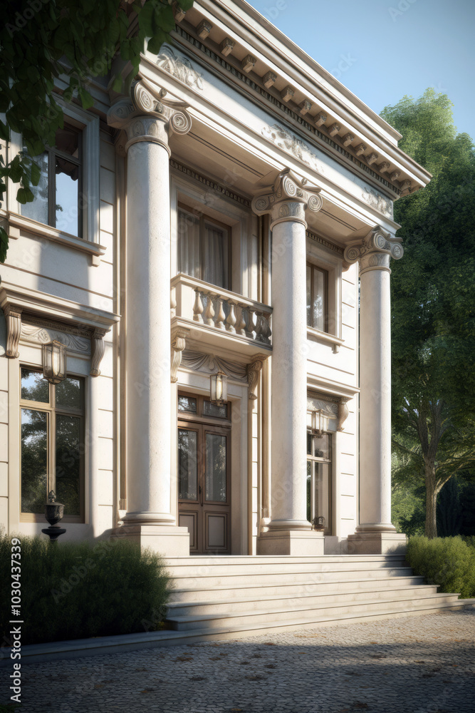 The entrance of a neoclassical residence featuring tall Ionic columns, decorative moldings, and large windows, with a stone staircase leading to the doorway. The entrance of a neoclassical residence featuring tall Ionic columns, decorative moldings, and large windows, with a stone staircase leading to the doorway.