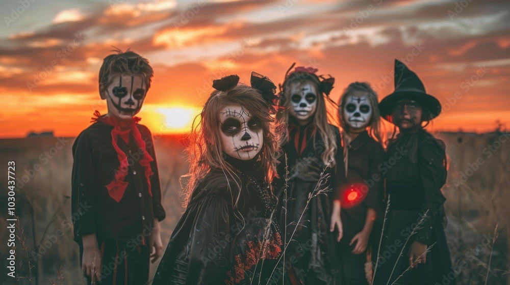 A group of children dressed in Halloween costumes stand in a field