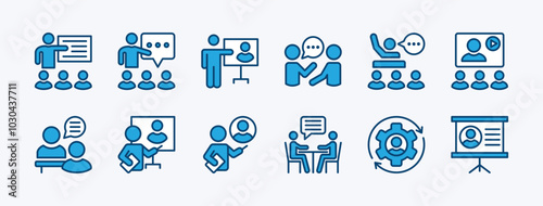 Set of business training and workshop excellent icon vector. Containing education, coaching, communication, presentation, discussion, learning, lecture, teaching, meeting, teamwork, briefing
