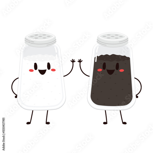 Salt and Pepper shaker vector. Cute cartoon salt and pepper shaker couple with smiling faces. Kawaii characters drawing vector.