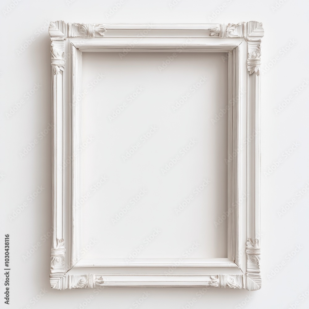 Ornate white picture frame with intricate details on a plain background Ornate white picture frame with intricate details on a plain background