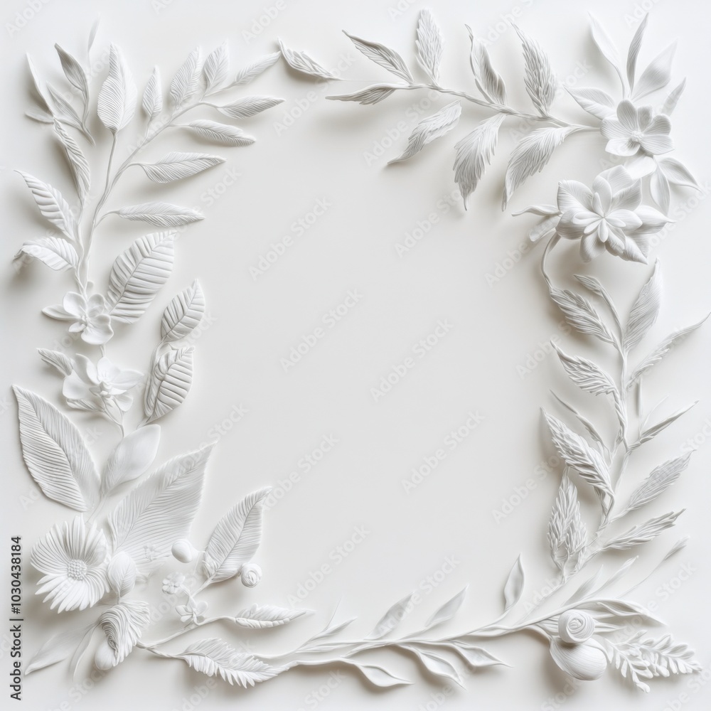 Ornate white floral frame with intricate leaf patterns and blossoms in elegant design Ornate white floral frame with intricate leaf patterns and blossoms in elegant design