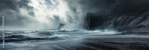 A breathtaking seascape features turbulent waves clashing with dark clouds, capturing nature's intense drama.