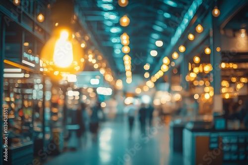 A vibrant market hall with blurred lights and people silhouettes showcases the bustling essence of urban life. photo