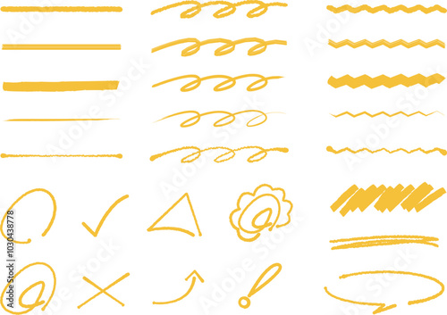 黄色ペン 手書きライン素材セット