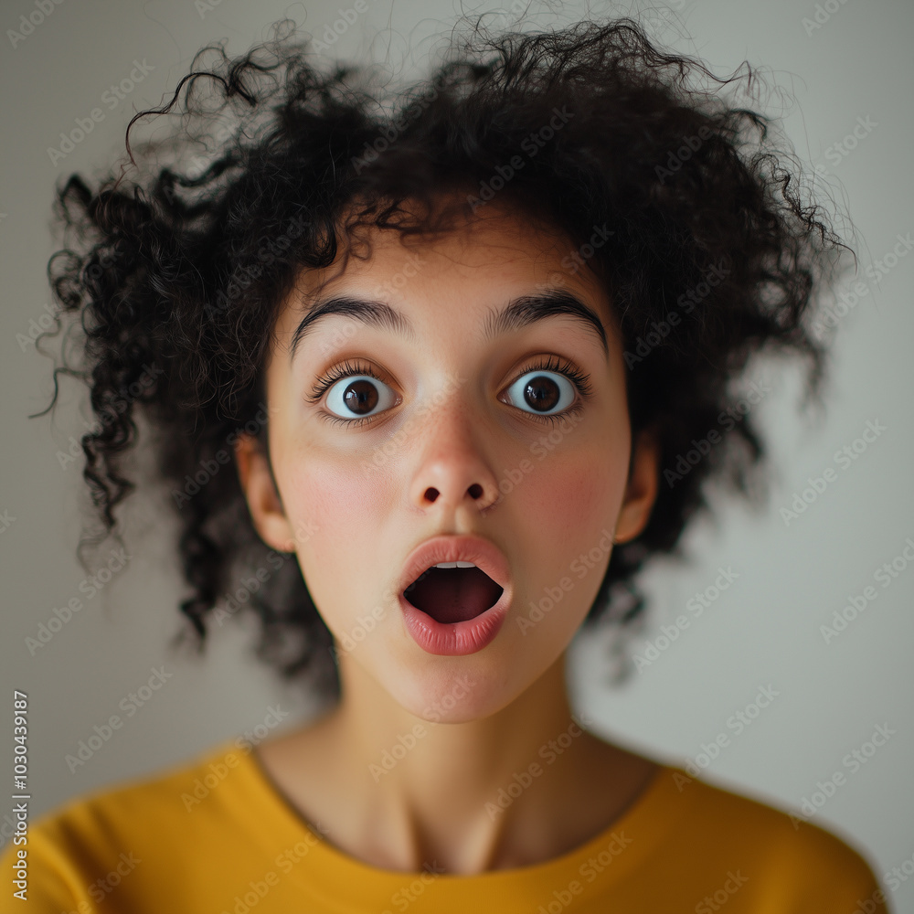 A young woman with wide eyes and an open mouth, expressing shock or amazement. She has natural curly black hair and is wearing a mustard yellow shirt A young woman with wide eyes and an open mouth, expressing shock or amazement. She has natural curly black hair and is wearing a mustard yellow shirt