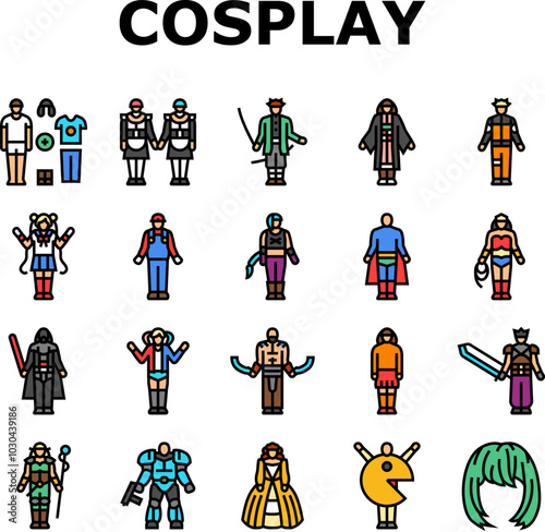cosplay comic movie anime icons set vector. costume play, cosplayer person, video game diy festival cosplay comic movie anime color line illustrations